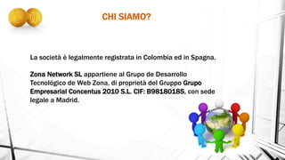 CHI SIAMO?	
  
La società è legalmente registrata in Colombia ed in Spagna.
 
Zona Network SL appartiene al Grupo de Desarrollo
Tecnológico de Web Zona, di proprietà del Gruppo Grupo
Empresarial Concentus 2010 S.L. CIF: B98180185, con sede
legale a Madrid.
 