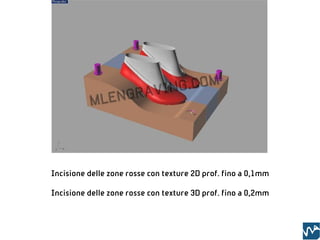 Incisione delle zone rosse con texture 2D prof. fino a 0,1mm

Incisione delle zone rosse con texture 3D prof. fino a 0,2mm
 