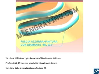 Incisione di finitura tipo diamantino 3D sulla zona indicata.

Profondità 0,25 mm con possibilità di scelta del decoro

Incisione della stessa fascia con finitura 2D
 