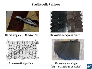 Scelta della texture




Da catalogo ML ENGRAVING           Da vostro campione fisico




  Da vostro file grafico               Da vostro catalogo
                                   (digitalizzazione gratuita)
 