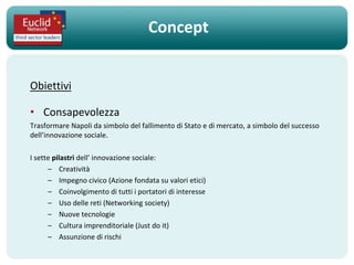 Concept


Obiettivi

• Consapevolezza
Trasformare Napoli da simbolo del fallimento di Stato e di mercato, a simbolo del successo
dell’innovazione sociale.

I sette pilastri dell’ innovazione sociale:
      – Creatività
      – Impegno civico (Azione fondata su valori etici)
      – Coinvolgimento di tutti i portatori di interesse
      – Uso delle reti (Networking society)
      – Nuove tecnologie
      – Cultura imprenditoriale (Just do it)
      – Assunzione di rischi
 