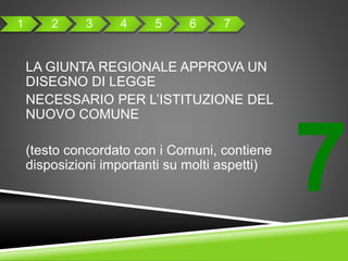 7
LA GIUNTA REGIONALE APPROVA UN
DISEGNO DI LEGGE
NECESSARIO PER L’ISTITUZIONE DEL
NUOVO COMUNE
(testo concordato con i Comuni, contiene
disposizioni importanti su molti aspetti)
1 2 3 4 5 6 7
 
