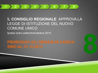 8
IL CONSIGLIO REGIONALE APPROVA LA
LEGGE DI ISTITUZIONE DEL NUOVO
COMUNE UNICO
Ipotesi entro settembre/ottobre 2015
PROROGATI GLI ORGANI IN CARICA
SINO AL 31.12.2015
1 2 3 4 5 6 7 8
 