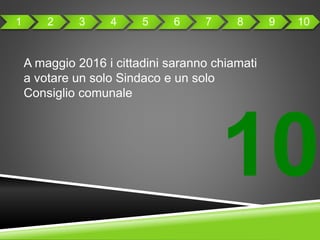 10
A maggio 2016 i cittadini saranno chiamati
a votare un solo Sindaco e un solo
Consiglio comunale
1 2 3 4 5 6 7 8 9 10
 