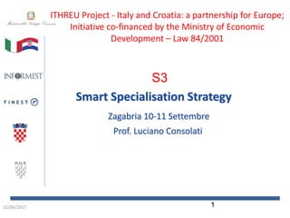 22/06/2017
ITHREU Project - Italy and Croatia: a partnership for Europe;
Initiative co-financed by the Ministry of Economic
Development – Law 84/2001
S3
Smart Specialisation Strategy
Zagabria 10-11 Settembre
Prof. Luciano Consolati
1
 