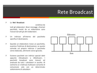 Rete BroadcastLe Reti Broadcast sono dotate di un unico "canale" di comunicazione che è condiviso da tutti gli elaboratori. Brevi messaggi, chiamati pacchetti, inviati da un elaboratore sono ricevuti da tutti gli altri elaboratori.Un indirizzo all'interno del pacchetto specifica il destinatario.Quando un elaboratore riceve un pacchetto, esamina l'indirizzo di destinazione; se questo coincide col proprio indirizzo il pacchetto viene elaborato, altrimenti viene ignorato.Esistono pacchetti con indirizzi speciali detti appunto «Broadcast» o «Multicast». I pacchetti broadcast sono ricevuti ed analizzati da tutti i calcolatori in ascolto. Al contrario un «indirizzo multicast» consente di comunicare solo con un determinato sottoinsieme di calcolatori.