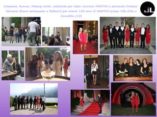 Comparse, Runner, Makeup artist, vestieriste per video-concorso MARTINI e personale (Hostess-
Steward-Brand ambassador e Ballerini) per evento 150 anni di MARTINI presso Villa Erba a
Cernobbio (CO)
 