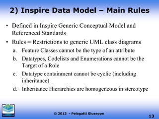 2) Inspire Data Model – Main Rules
• Defined in Inspire Generic Conceptual Model and
Referenced Standards
• Rules = Restrictions to generic UML class diagrams
a. Feature Classes cannot be the type of an attribute
b. Datatypes, Codelists and Enumerations cannot be the
Target of a Role
c. Datatype containment cannot be cyclic (including
inheritance)
d. Inheritance Hierarchies are homogeneous in stereotype

© 2013 - Pelagatti Giuseppe

13

 