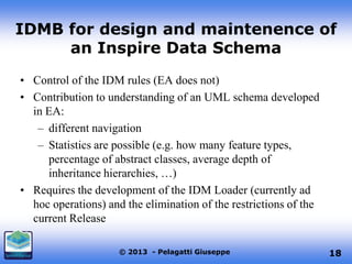 IDMB for design and maintenence of
an Inspire Data Schema
• Control of the IDM rules (EA does not)
• Contribution to understanding of an UML schema developed
in EA:
– different navigation
– Statistics are possible (e.g. how many feature types,
percentage of abstract classes, average depth of
inheritance hierarchies, …)
• Requires the development of the IDM Loader (currently ad
hoc operations) and the elimination of the restrictions of the
current Release
© 2013 - Pelagatti Giuseppe

18

 