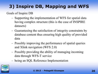 3) Inspire DB, Mapping and WFS
Goals of Inspire DB
– Supporting the implementation of WFS for spatial data
having complex structure (this is the case of INSPIRE
datasets)
– Guaranteeing the satisfaction of integrity constraints by
database content thus ensuring high quality of provided
data
– Possibly improving the performance of spatial queries
and Xlink navigation (WFS 2.0)
– Possibly providing the ability of managing incoming
data through WFS-T service
– being an SQL Reference Implementation
© 2013 - Pelagatti Giuseppe

20

 
