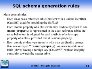SQL schema generation rules
Main general rules:
• Each class has a reference table (master) with a unique identifier
(ClassID) used for providing the GML:id
• Each atomic property of a class with max cardinality equal to one
(mono-property) is represented in the class reference table; the
same behaviour is adopted for each attribute of a datatype
property of a class, provided that it is mono-property.
• Each atomic or datatype property with max cardinality greater
than one or equal ‘*’ (multi-property) produces an additional
table (slave) having a foreign key (ClassREF) with an integrity
constraint towards the master table.

© 2013 - Pelagatti Giuseppe

22

 
