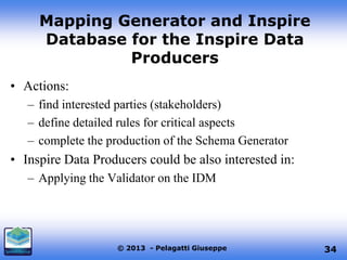 Mapping Generator and Inspire
Database for the Inspire Data
Producers
• Actions:
– find interested parties (stakeholders)
– define detailed rules for critical aspects
– complete the production of the Schema Generator

• Inspire Data Producers could be also interested in:
– Applying the Validator on the IDM

© 2013 - Pelagatti Giuseppe

34

 