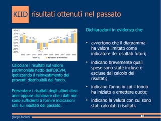 risultati ottenuti nel passato   Dichiarazioni in evidenza che: avvertono che il diagramma ha valore limitato come indicatore dei risultati futuri; indicano brevemente quali spese sono state incluse o escluse dal calcolo dei risultati; indicano l'anno in cui il fondo ha iniziato a emettere quote; indicano la valuta con cui sono stati calcolati i risultati.  giorgio tacconi Calcolare i risultati sul valore patrimoniale netto dell'OICVM, ipotizzando il reinvestimento dei proventi distribuibili dal fondo. Presentare i risultati degli ultimi dieci anni oppure dichiarare che i dati non sono sufficienti a fornire indicazioni utili sui risultati del passato. KIID 