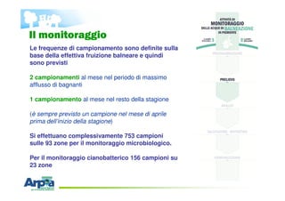 Il monitoraggio
Le frequenze di campionamento sono definite sulla
base della effettiva fruizione balneare e quindi
sono pr...
