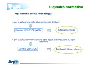 Il quadro normativo
Direttiva 2000/60/CE (WFD) Tutela della risorsa
Direttiva 2006/7/CE Tutela dell’utilizzo balneare
per ...