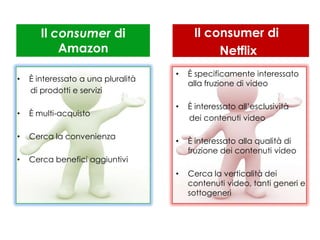 Il consumer di                    Il consumer di
           Amazon                             Netflix
                                    •   È specificamente interessato
•   È interessato a una pluralità
                                        alla fruzione di video
    di prodotti e servizi

                                    •   È interessato all’esclusività
•   È multi-acquisto
                                        dei contenuti video

•   Cerca la convenienza
                                    •   È interessato alla qualità di
                                        fruzione dei contenuti video
•   Cerca benefici aggiuntivi
                                    •   Cerca la verticalità dei
                                        contenuti video, tanti generi e
                                        sottogeneri
 