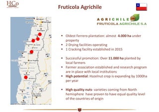 Fruticola Agrichile
 Oldest Ferrero plantation: almost  4.000 ha under  
property
 2 Drying facilities operating
 1 Cra...