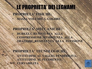LE PROPRIETA’ DEI LEGNAMI
– PROPRIETA’ FISICHE:PROPRIETA’ FISICHE:
• MASSA VOLUMICA, COLOREMASSA VOLUMICA, COLORE
– PROPRIETA’ MECCANICHE:PROPRIETA’ MECCANICHE:
• DUREZZA, RESISTENZA ALLADUREZZA, RESISTENZA ALLA
COMPRESSIONE, RESISTENZA ALLACOMPRESSIONE, RESISTENZA ALLA
TRAZIONE, RESISTENZA ALLA FLESSIONETRAZIONE, RESISTENZA ALLA FLESSIONE
– PROPRIETA’ TECNOLOGICHE:PROPRIETA’ TECNOLOGICHE:
• ATTITUDINE AL TAGLIO, FENDIBILITÀ,ATTITUDINE AL TAGLIO, FENDIBILITÀ,
ATTITUDINE AL PULIMENTO,ATTITUDINE AL PULIMENTO,
CURVABILITACURVABILITA’
 
