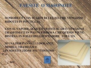 FAESITE O MASONOTE
SI PRODUCE CON SCARTI DI LEGNO CHE VENGONO
RIDOTTI IN POTTIGLIA.
CON IL VAPORE ACQUEO QUESTI SCARTI VENGONO
TRASFOMATI IN PASTA FIBROSA CHE QUINDI VIENE
DISTESA IN FOGLI DELLO SPESSORE VOLUTO.
SI USA PER PANNELLI ISOLANTI,
MOBILI, TRAMEZZI E
IN SOSTITUZIONE PIU’ COSTOSO
 