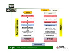 ogurt
ggiofresco
Preriscaldamento 60°C
Omogeneizzazione 150 bar
Pastorizzazione 80°C
Raffreddamento 30°C
Preriscaldamento 60°C
Omogeneizzazione 150 bar
Pastorizzazione 90°C x 10'
Raffreddamento 42°C
Yogur
Formaggio
Raffreddamento 4°C
Aggiunta coltura starter
CH-N 22 CHR Hansen (Denmark)
e
Caglio
CHY-MAX M® 2500 powder NB
CHR Hansen (Denmark)
Confezionamento
Acidificazione e
coagulazione
16-18 h a 20°C
Aggiunta coltura starter
YO-MIX 511 Danisco (Denmark)
e
coltura aromatizzante
MD 88 Danisco (Denmark)
Confezionamento
Acidificazione
3 - 5 h a 42°C
sino a pH 4,80
 