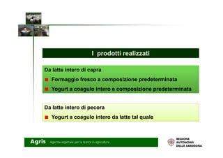 I prodotti realizzatiI prodotti realizzati
Da latte intero di capra
Formaggio fresco a composizione predeterminataFormaggio fresco a composizione predeterminata
Yogurt a coagulo intero e composizione predeterminata
Da latte intero di pecora
Yogurt a coagulo intero da latte tal quale
 