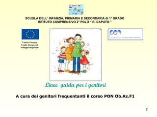 Linee  guida per i genitori SCUOLA DELL’ INFANZIA, PRIMARIA E SECONDARIA di 1° GRADO ISTITUTO COMPRENSIVO 2° POLO “ R. CAPUTO ” Unione Europea Fondo Europeo di Sviluppo Regionale A cura dei genitori frequentanti il corso PON Ob.Az.F1 