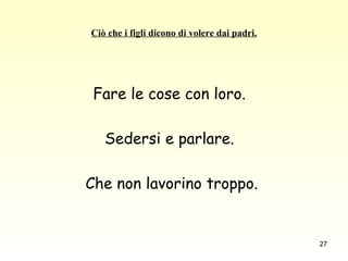 Ciò che i figli dicono di volere dai padri. Fare le cose con loro.  Sedersi e parlare.  Che non lavorino troppo. 
