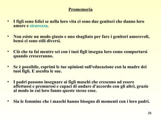 Promemoria I figli sono felici se nella loro vita ci sono due genitori che danno loro amore e  sicurezza .  Non esiste un modo giusto e uno sbagliato per fare i genitori amorevoli, bensì ci sono stili diversi.  Ciò che tu fai mentre sei con i tuoi figli insegna loro come comportarsi quando cresceranno.  Se è possibile, esprimi le tue opinioni sull'educazione con la madre dei tuoi figli. E ascolta le sue.  I padri possono insegnare ai figli maschi che crescono ad essere affettuosi e premurosi e capaci di andare d'accordo con gli altri, grazie al modo in cui loro fanno queste stesse cose.  Sia le femmine che i maschi hanno bisogno di momenti con i loro padri.  