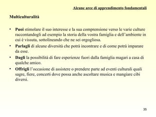 Alcune aree di apprendimento fondamentali Multiculturalità Puoi  stimolare il suo interesse e la sua comprensione verso le varie culture raccontandogli ad esempio la storia della vostra famiglia e dell’ambiente in cui è vissuta, sottolineando che ne sei orgogliosa. Parlagli  di alcune diversità che potrà incontrare e di come potrà imparare da esse. Dagli  la possibilità di fare esperienze fuori dalla famiglia magari a casa di qualche amico. Offrigli  l’occasione di assistere o prendere parte ad eventi culturali quali sagre, fiere, concerti dove possa anche ascoltare musica e mangiare cibi diversi. 