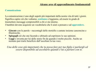 Alcune aree di apprendimento fondamentali Comunicazione La comunicazione è uno degli aspetti più importanti della nostra vita di tutti i giorni.  Significa capire ciò che vediamo,  sentiamo   e leggiamo, ed essere in grado di  trasmettere messaggi   comprensibili a chi ci sta intorno.  I bambini devono acquisire un vocabolario che li aiuti a pensare e ad  apprendere. Giocate  con le parole - raccontagli delle storielle e cantate insieme canzoncine e filastrocche.  Spiegagli  ciò che stai facendo e abitualo ad esprimere le sue opinioni. Leggi  o inventa per lui delle storie fin da quando è molto piccolo. Anche un neonato può trarre beneficio dall’ascoltare la tua voce. Una delle cose più importanti che tu possa fare per tuo figlio è parlargli ed essere disponibile ad ascoltarlo quando è lui a parlare con te. 