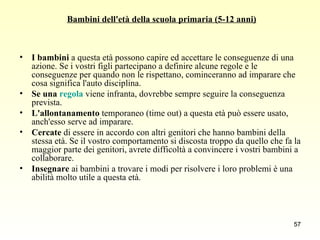 Bambini dell'età della scuola primaria (5-12 anni) I bambini  a questa età possono capire ed accettare le conseguenze di una azione. Se i vostri figli partecipano a definire alcune regole e le conseguenze per quando non le rispettano, cominceranno ad imparare che cosa significa l'auto disciplina. Se una  regola   viene infranta, dovrebbe sempre seguire la conseguenza prevista. L'allontanamento  temporaneo (time out) a questa età può essere usato, anch'esso serve ad imparare. Cercate  di essere in accordo con altri genitori che hanno bambini della stessa età. Se il vostro comportamento si discosta troppo da quello che fa la maggior parte dei genitori, avrete difficoltà a convincere i vostri bambini a collaborare. Insegnare  ai bambini a trovare i modi per risolvere i loro problemi è una abilità molto utile a questa età. 