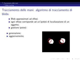 Tracciamento delle mani
   Blobs tracking



Tracciamento delle mani: algoritmo di tracciamento di
blobs
            Blob approssimati ad ellissi;
            ogni ellisse corrisponde ad un’ipotesi di localizzazione di un
            oggetto;
            gestione ipotesi:

         generazione;
         aggiornamento;
 