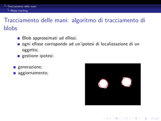 Tracciamento delle mani
   Blobs tracking



Tracciamento delle mani: algoritmo di tracciamento di
blobs
            Blob approssimati ad ellissi;
            ogni ellisse corrisponde ad un’ipotesi di localizzazione di un
            oggetto;
            gestione ipotesi:

         generazione;
         aggiornamento;
 