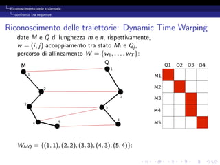Riconoscimento delle traiettorie
   confronto tra sequenze



Riconoscimento delle traiettorie: Dynamic Time Warping
     date M e Q di lunghezza m e n, rispettivamente,
     w = (i, j) accoppiamento tra stato Mi e Qj ,
     percorso di allineamento W = {w1 , . . . , wT }:




     WMQ = {(1, 1), (2, 2), (3, 3), (4, 3), (5, 4)}:
 