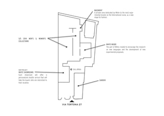 VIA TORTONA 27
BASEMENT
A private area dedicated by White to the most expe-
rimental brands on the International scene, as a new
stage for fashion.
WHITE INSIDE
The part of White created to encourage the research
on new languages and the development of new
experimental proposals.
GARDEN
Entry White
S/S 2014 MEN’S & WOMEN’S
COLLECTIONS
NEW PROJECT
WHITE SHOWROOMS
Each showroom will offer a
personalized shuttle service that will
take the buyers who are interested to
their location.
 