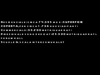 R e s id e n z ia l e : c ir c a 7 4 .3 9 5 m q d i S U P E R F IC IE
C O P E R T A, p e r c ir c a 1 .7 3 6 n u o v i a b it a n t i
C o m m e r c ia l e : 3 3 .2 0 0 m e t r i q u a d r a t i
D ir e z io n a l e s o n o d e d ic a t i 2 5 .5 0 0 m e t r i q u a d r a t i.
fo rum h all
S c u o l e (a s c a l a in t e r c o m u n a l e )
 