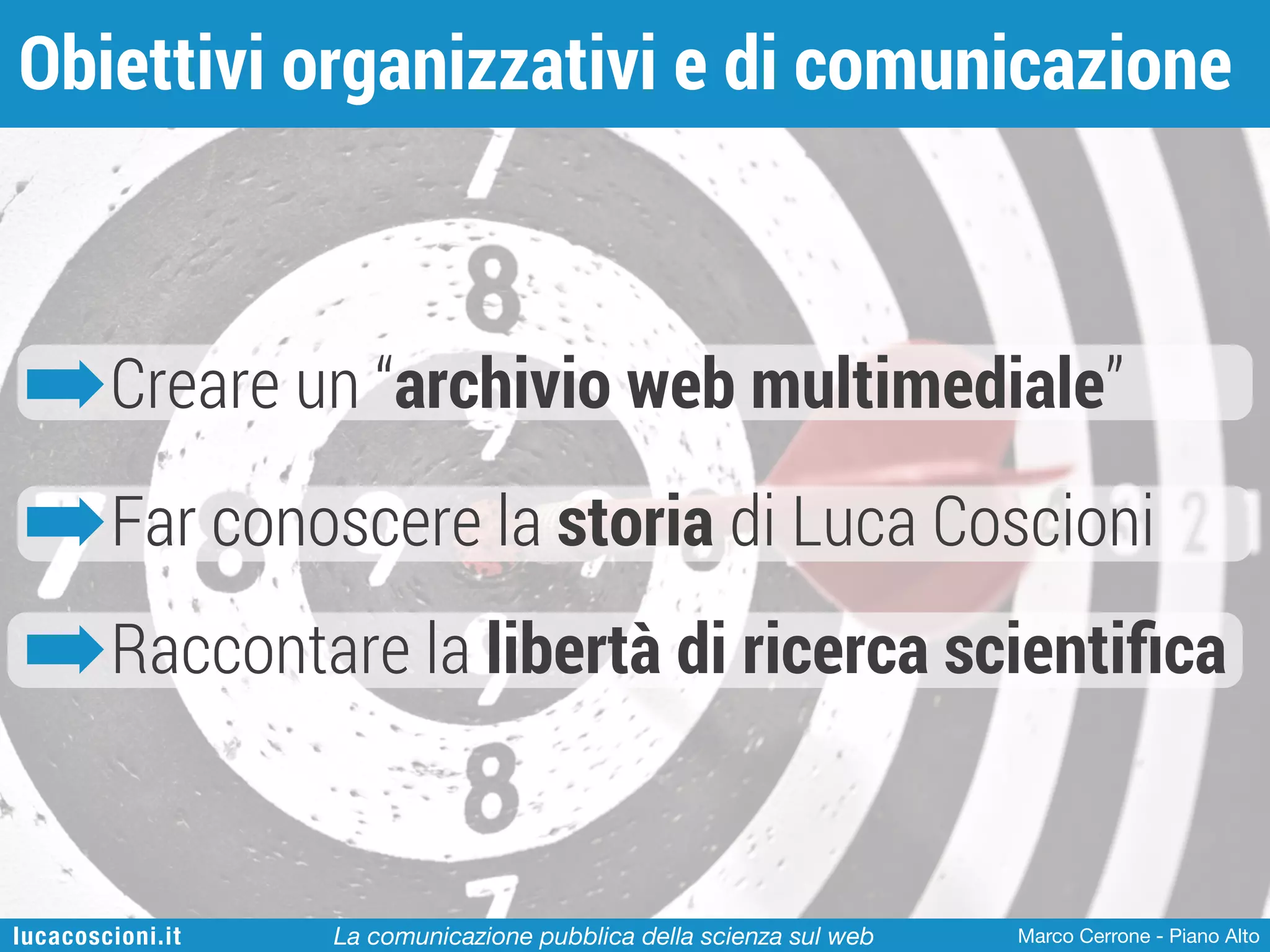 Obiettivi organizzativi e di comunicazione

➡Creare un “archivio web multimediale”
➡Far conoscere la storia di Luca Coscioni
➡Raccontare la libertà di ricerca scientiﬁca
lucacoscioni.it

La comunicazione pubblica della scienza sul web

Marco Cerrone - Piano Alto

 