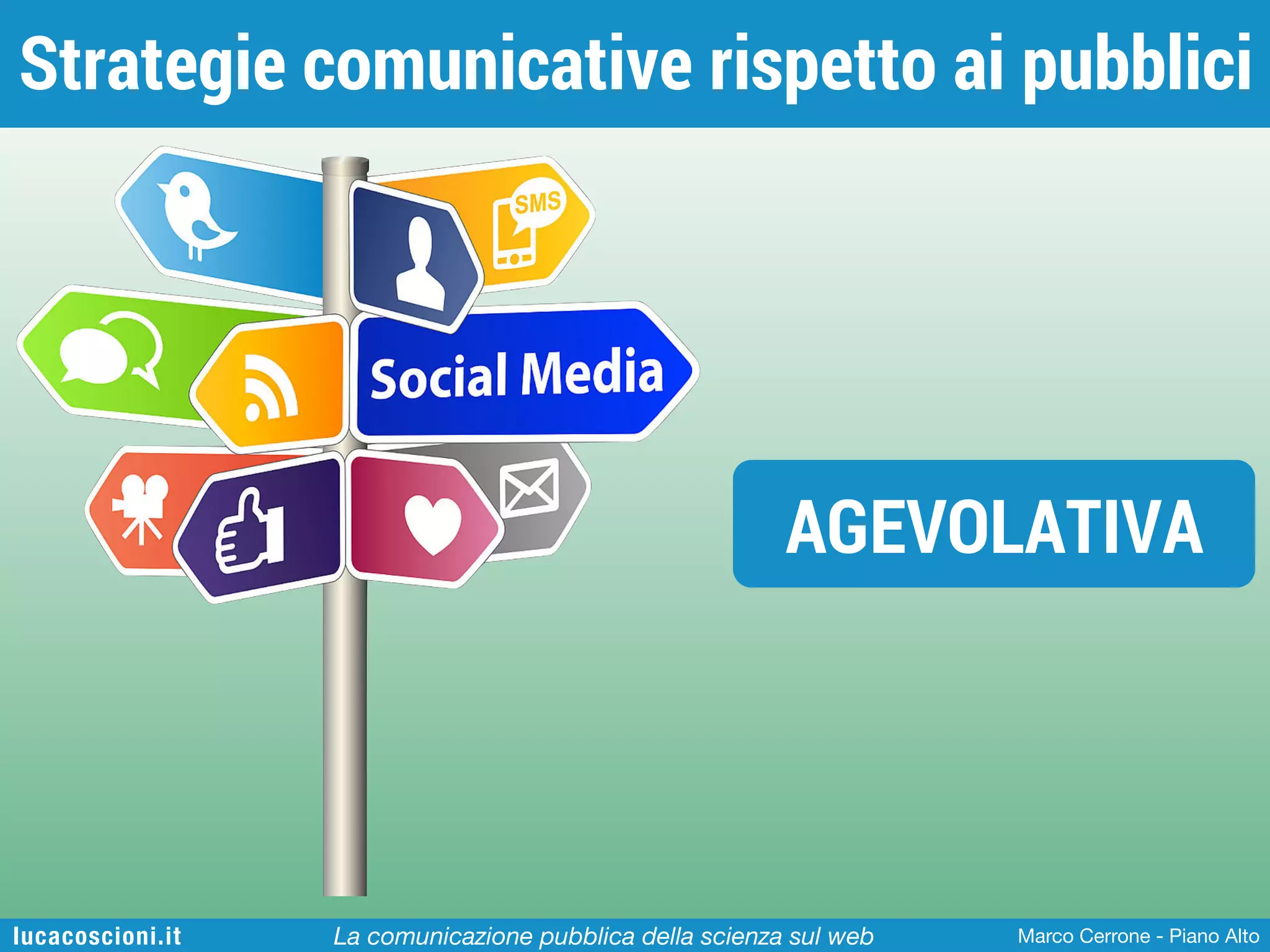 Strategie comunicative rispetto ai pubblici

AGEVOLATIVA

lucacoscioni.it

La comunicazione pubblica della scienza sul web

Marco Cerrone - Piano Alto

 