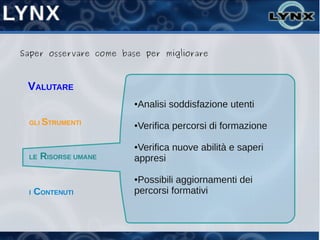 Saper osservare come base per migliorare



 VALUTARE
                        ●   Analisi soddisfazione utenti
 GLI STRUMENTI          ●   Verifica percorsi di formazione

                        ●Verifica nuove abilità e saperi
 LE   RISORSE UMANE     appresi

                        ●Possibili aggiornamenti dei
 I   CONTENUTI          percorsi formativi
 