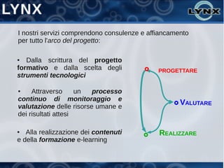 I nostri servizi comprendono consulenze e affiancamento
per tutto l'arco del progetto:

●  Dalla scrittura del progetto
formativo e dalla scelta degli               PROGETTARE
strumenti tecnologici

●    Attraverso      un  processo
continuo di monitoraggio e
valutazione delle risorse umane e
                                                    VALUTARE
dei risultati attesi

●  Alla realizzazione dei contenuti          REALIZZARE
e della formazione e-learning
 