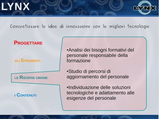 Concretizzare le idee di innovazione con le migliori tecnologie



 PROGETTARE
                         ●Analisi dei bisogni formativi del
                         personale responsabile della
  GLI STRUMENTI          formazione

                         ●Studio di percorsi di
  LE RISORSE UMANE       aggiornamento del personale

                         ●Individuazione delle soluzioni
  I   CONTENUTI          tecnologiche e adattamento alle
                         esigenze del personale
 