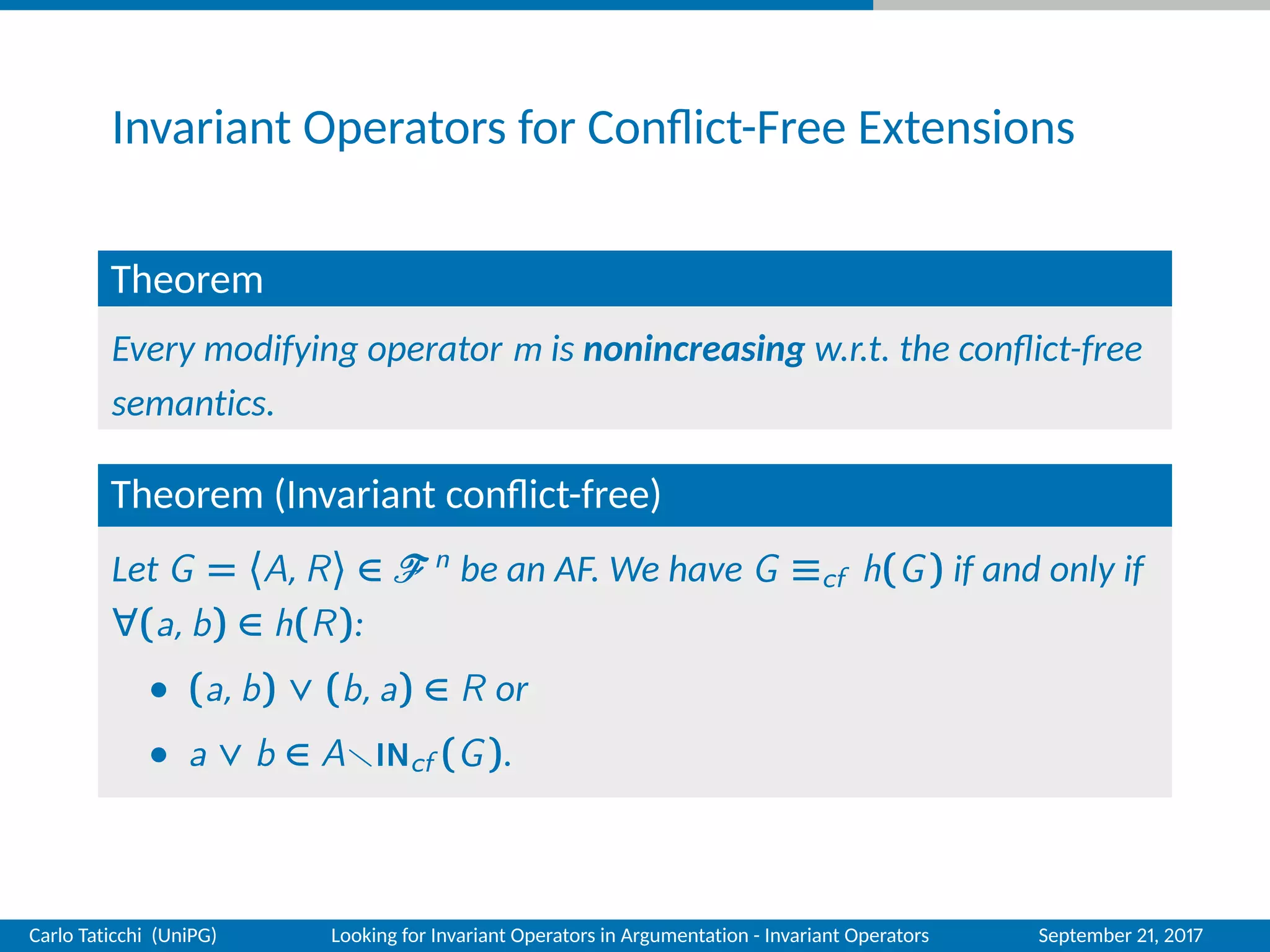 Invariant Operators for Conﬂict-Free Extensions
Theorem
Every modifying operator m is nonincreasing w.r.t. the conﬂict-free
semantics.
Theorem (Invariant conﬂict-free)
Let G = 〈A, R〉 ∈ n be an AF. We have G ≡cf h(G) if and only if
∀(a, b) ∈ h(R):
• (a, b) ∨ (b, a) ∈ R or
• a ∨ b ∈ A INcf (G).
Carlo Taticchi (UniPG) Looking for Invariant Operators in Argumentation - Invariant Operators September 21, 2017
 