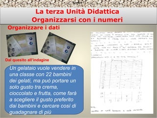 La terza Unità Didattica
Organizzarsi con i numeri
La terza Unità Didattica
Organizzarsi con i numeri
Organizzare i dati
Gruppo 1
Un gelataio vuole vendere in
una classe con 22 bambini
dei gelati, ma può portare un
solo gusto tra crema,
cioccolato e frutta, come farà
a scegliere il gusto preferito
dai bambini e cercare così di
guadagnare di più
Dal quesito all’indagine
 