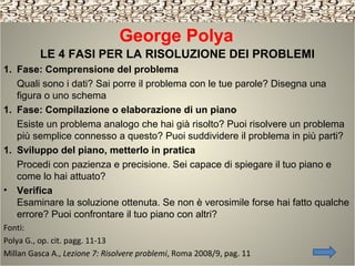 George Polya
LE 4 FASI PER LA RISOLUZIONE DEI PROBLEMI
1. Fase: Comprensione del problema
Quali sono i dati? Sai porre il problema con le tue parole? Disegna una
figura o uno schema
1. Fase: Compilazione o elaborazione di un piano
Esiste un problema analogo che hai già risolto? Puoi risolvere un problema
più semplice connesso a questo? Puoi suddividere il problema in più parti?
1. Sviluppo del piano, metterlo in pratica
Procedi con pazienza e precisione. Sei capace di spiegare il tuo piano e
come lo hai attuato?
• Verifica
Esaminare la soluzione ottenuta. Se non è verosimile forse hai fatto qualche
errore? Puoi confrontare il tuo piano con altri?
Fonti:
Polya G., op. cit. pagg. 11-13
Millan Gasca A., Lezione 7: Risolvere problemi, Roma 2008/9, pag. 11
 