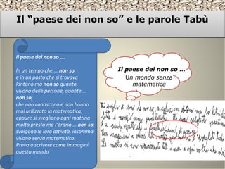 Il paese dei non so …
Un mondo senza
matematica
Il “paese dei non so” e le parole TabùIl “paese dei non so” e le parole Tabù
Il paese dei non so ….
In un tempo che … non so
e in un posto che si trovava
lontano ma non so quanto,
vivono delle persone, quante …
non so,
che non conoscono e non hanno
mai utilizzato la matematica,
eppure si svegliano ogni mattina
molto presto ma l’orario … non so,
svolgono le loro attività, insomma
vivono senza matematica.
Prova a scrivere come immagini
questo mondo
 