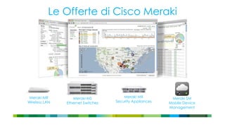 Le Offerte di Cisco Meraki
Meraki MR
Wireless LAN
Meraki MS
Ethernet Switches
Meraki MX
Security Appliances
Meraki SM
Mobile Device
Management
 