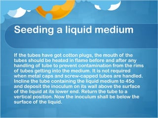 Seeding a liquid medium
If the tubes have got cotton plugs, the mouth of the
tubes should be heated in flame before and after any
handling of tube to prevent contamination from the rims
of tubes getting into the medium. It is not required
when metal caps and screw-capped tubes are handled.
Incline the tube containing the liquid medium to 45o
and deposit the inoculum on its wall above the surface
of the liquid at its lower end. Return the tube to a
vertical position. Now the inoculum shall be below the
surface of the liquid.
 