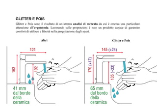Glitter e Pois sono il risultato di un’attenta analisi di mercato da cui è emersa una particolare
attenzione all’ergonomia. Lavorando sulle proporzioni è nato un prodotto capace di garantire
comfort di utilizzo e libertà nella progettazione degli spazi.
Altri Glitter e Pois
GLITTER E POIS
 