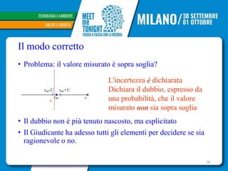 Il modo corretto
• Problema: il valore misurato è sopra soglia?
• Il dubbio non è più tenuto nascosto, ma esplicitato
• Il Giudicante ha adesso tutti gli elementi per decidere se sia
ragionevole o no.
s
L'incertezza è dichiarata
Dichiara il dubbio, espresso da
una probabilità, che il valore
misurato non sia sopra soglia
18
 