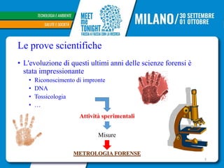 Le prove scientifiche
• L'evoluzione di questi ultimi anni delle scienze forensi è
stata impressionante
• Riconoscimento di impronte
• DNA
• Tossicologia
• …
Attività sperimentali
Misure
METROLOGIA FORENSE
3
 